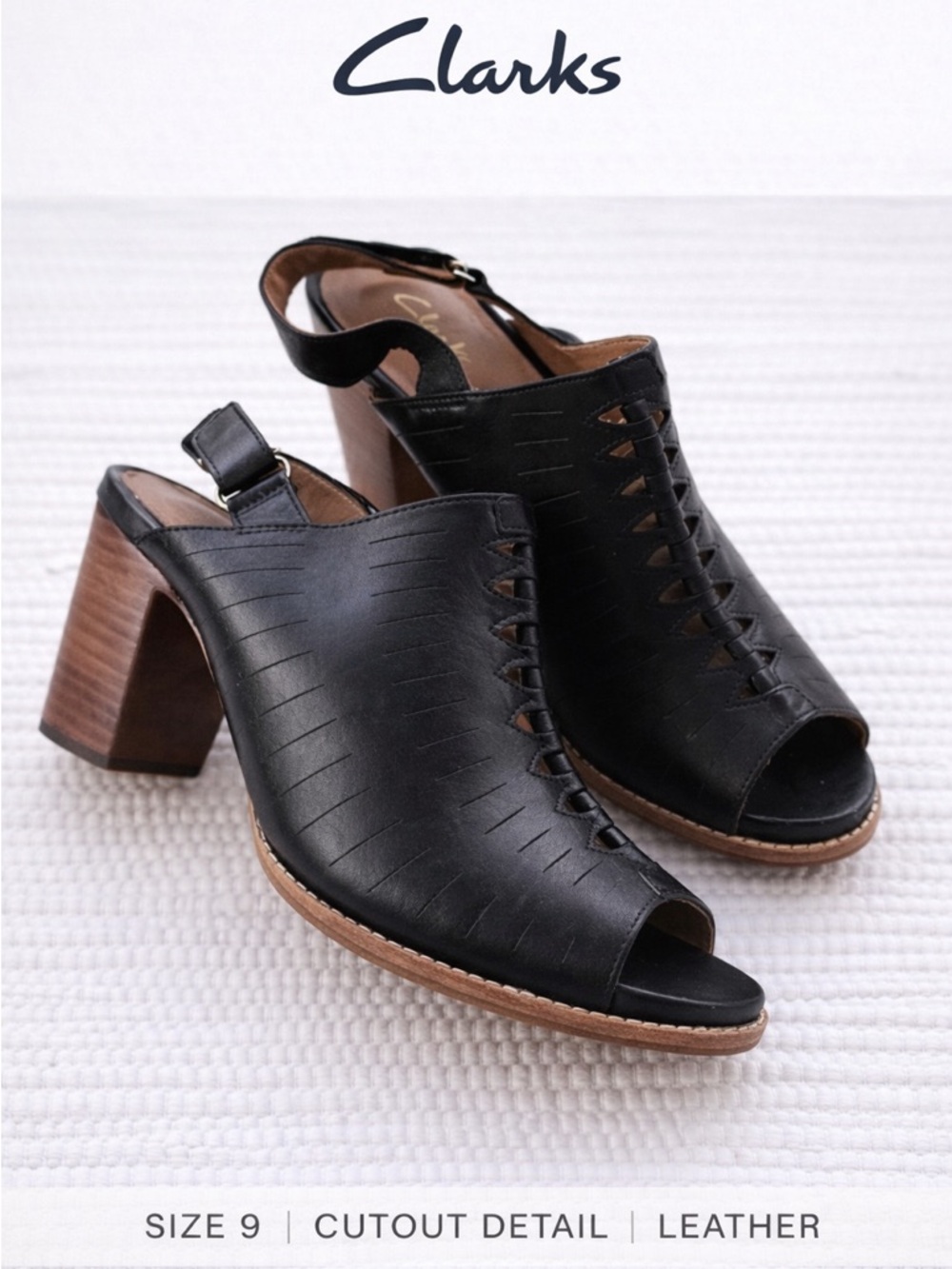 Clarks Briatta Key Black Leather Cutout Peep Toe Block Heel 9